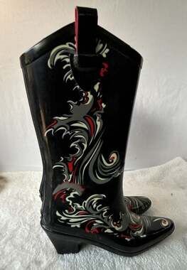 Dav Western Style Rubber Rain Boots with Scroll Graphic Print